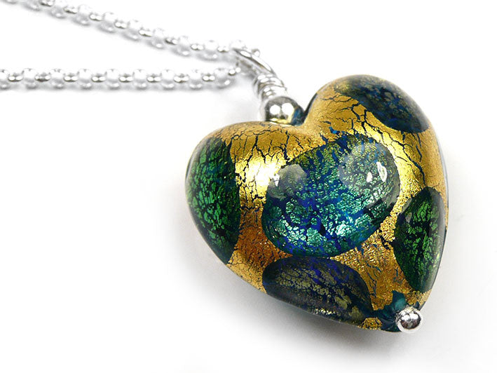 Murano Glass Heart Pendant - Gold and Teal Spot