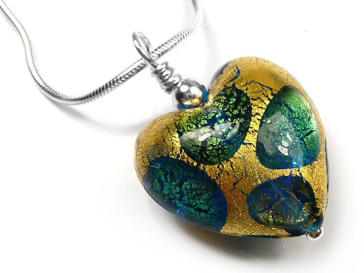 Murano Glass Heart Pendant - Gold and Teal Spot