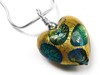 Murano Glass Heart Pendant - Gold and Teal Spot
