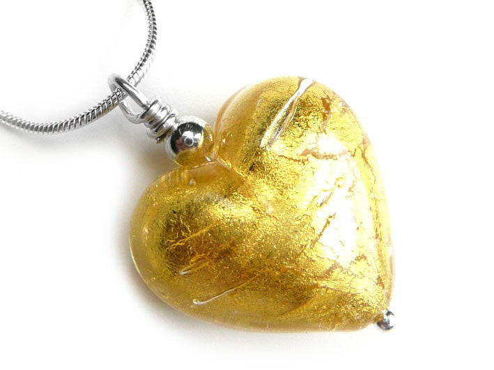 Murano Glass Heart Pendant - Gold - Snake Chain