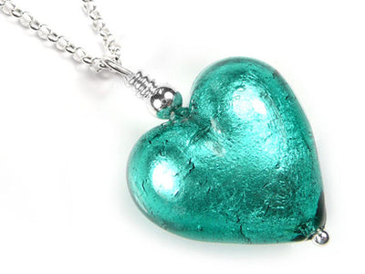 Murano Glass Heart Pendant - Jade - Belcher Chain