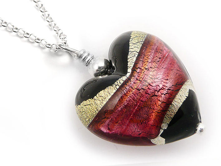 Murano Glass Heart Pendant - Jet and Ruby - Belcher Chain
