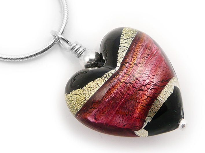 Murano Glass Heart Pendant - Jet and Ruby - Snake Chain