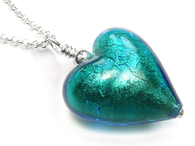 Murano Glass Heart Pendant - Kingfisher - Belcher Chain