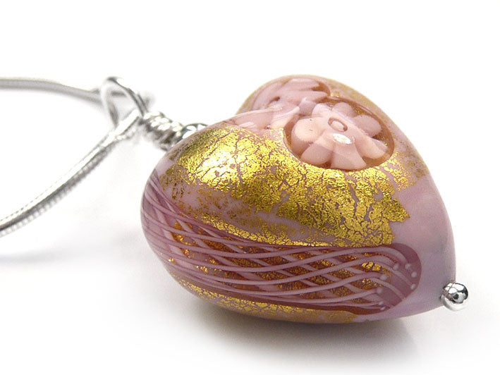 Murano Glass Heart Pendant - Latticino Millefiore Pink - Snake Chain