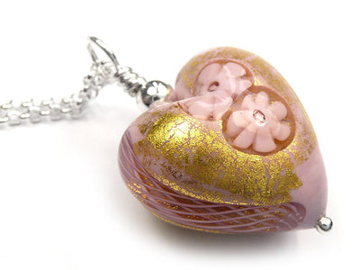 Murano Glass Heart Pendant - Latticino Millefiore Pink - Belcher Chain