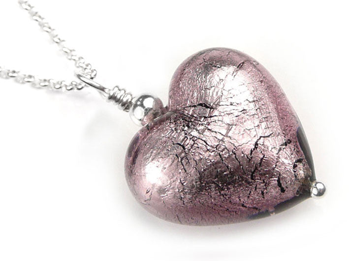 Murano Glass Heart Pendant - Light Amethyst - Belcher Chain
