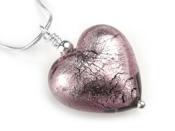 Murano Glass Heart Pendant - Light Amethyst - Snake Chain