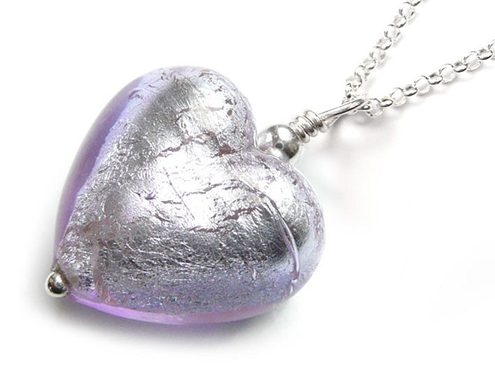 Murano Glass Heart Pendant - Lilac - Belcher Chain