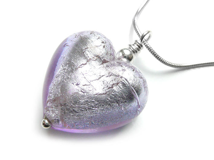 Murano Glass Heart Pendant - Lilac - Snake Chain