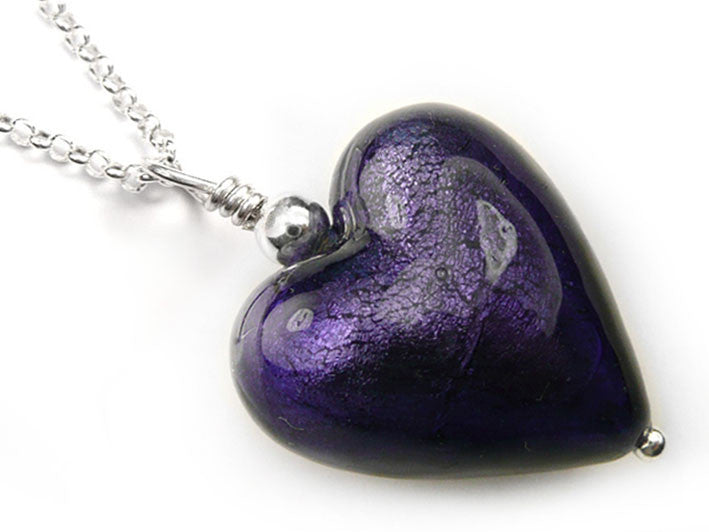 Murano Glass Heart Pendant - Purple Velvet - Belcher Chain