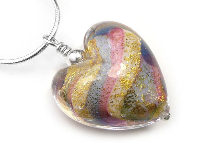 Murano Glass Heart Pendant - Rainbow - Snake Chain