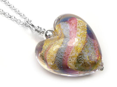 Murano Glass Heart Pendant - Rainbow - Belcher Chain