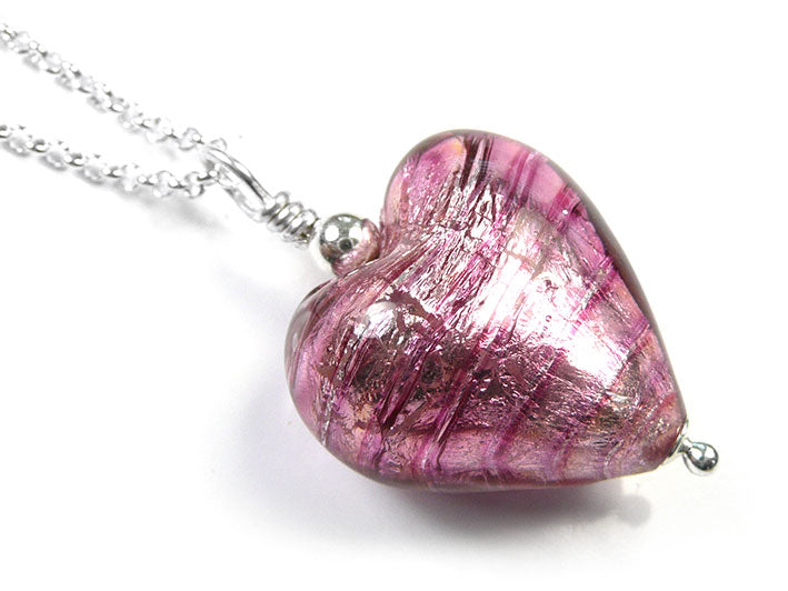 Murano Glass Heart Pendant - Raspberry Ripple