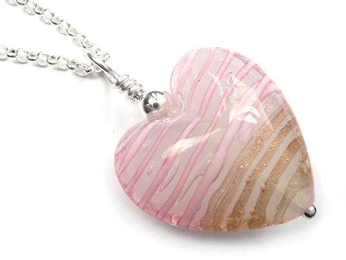 Murano Glass Heart Pendant - Rose and Aventurine - Belcher Chain