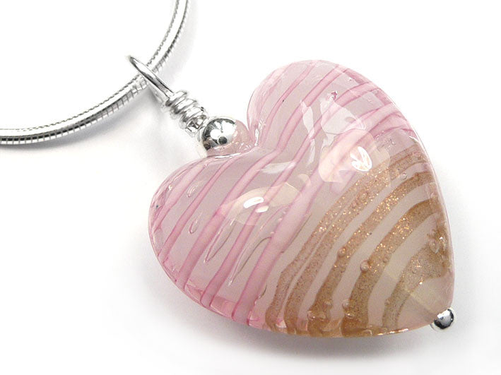 Murano Glass Heart Pendant - Rose and Aventurine - Snake Chain