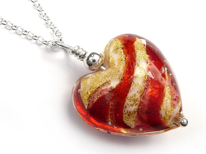 Murano Glass Heart Pendant - Rubino Gold Swirl - Belcher Chain