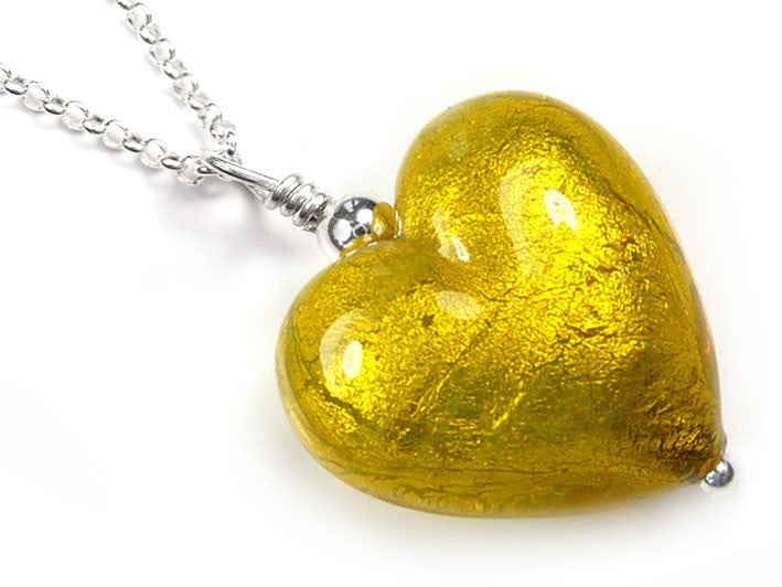 Murano Glass Heart Pendant - Saffron - Belcher Chain