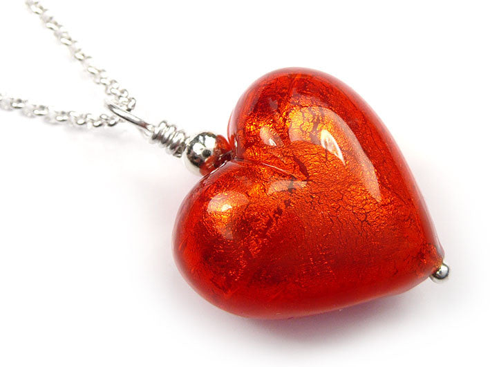 Murano Glass Heart Pendant - Scarlet - Belcher Chain