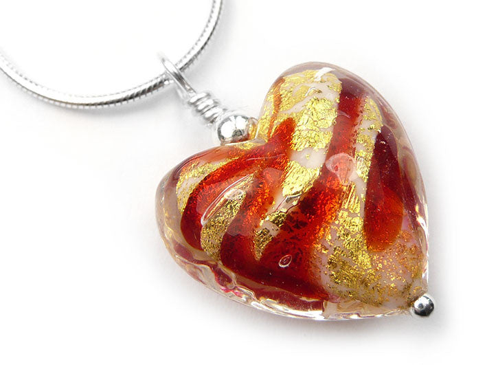  Murano Glass Heart Pendant - Rubino Gold Swirl - Snake Chain