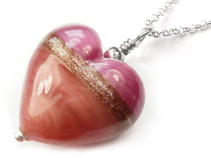 Murano Glass Heart Pendant - Silky Ruby Rose - Belcher Chain