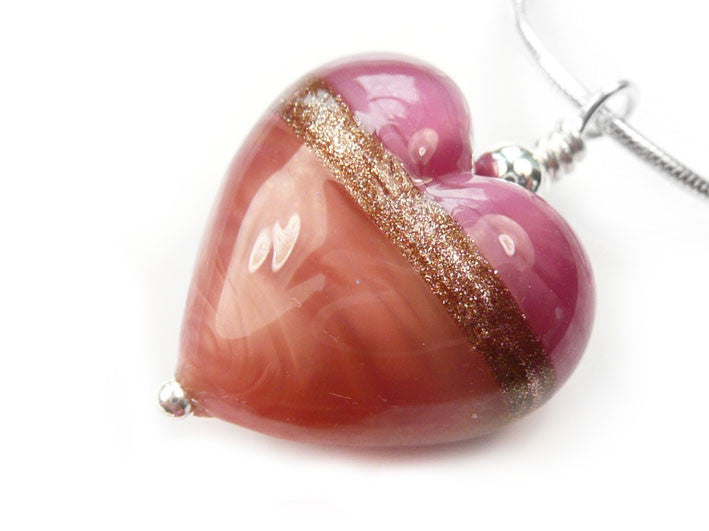 Murano Glass Heart Pendant - Silky Ruby Rose - Snake Chain