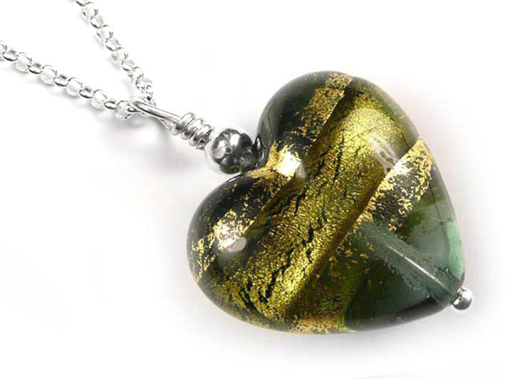 Murano Glass Heart Pendant - Storm Gold - Belcher Chain
