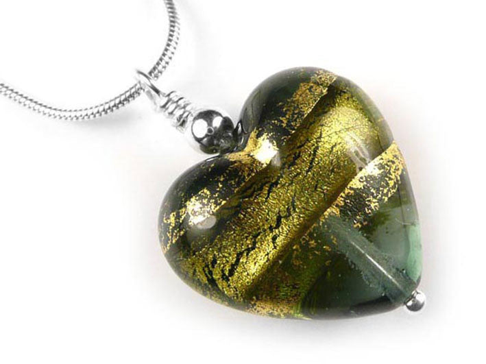 Murano Glass Heart Pendant - Storm Gold - Snake Chain