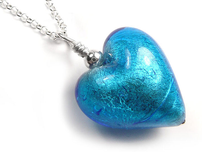 Murano Glass Heart Pendant - Turquoise - Belcher Chain