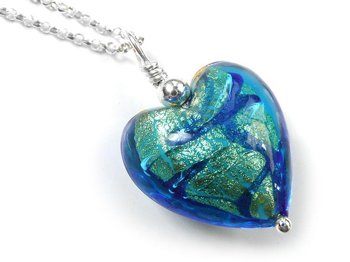 Murano Glass Heart Pendant - Turquoise Gold