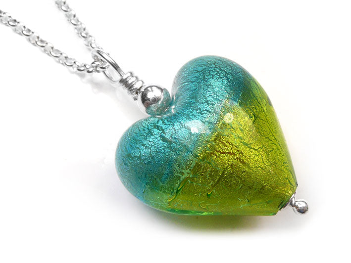 Murano Glass Heart Pendant - Turquoise Lime