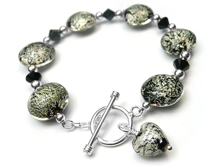 Murano Glass Lentil Bracelet - Black and Silver