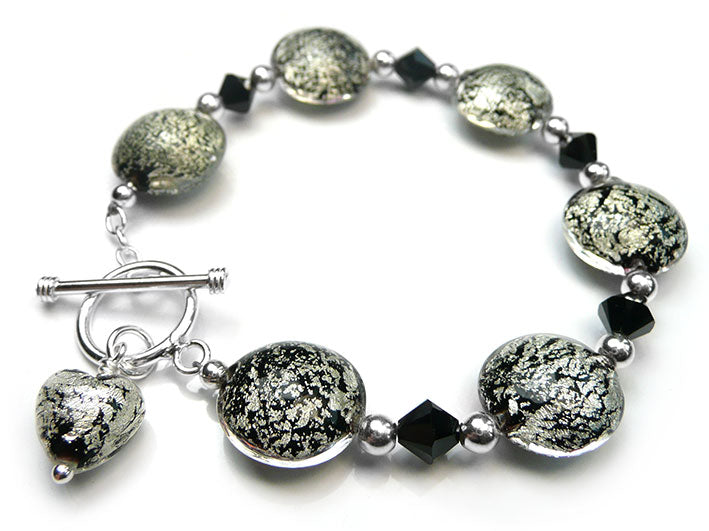 Murano Glass Lentil Bracelet - Black and Silver