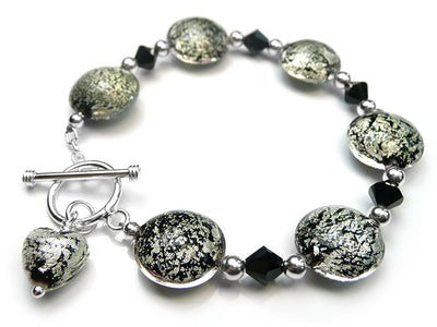 Murano Glass Lentil Bracelet - Black and White Gold