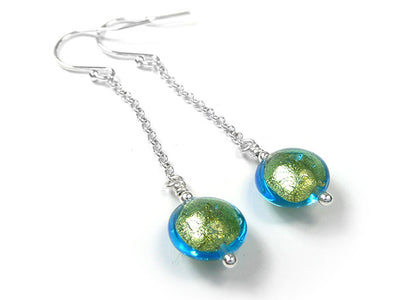 Murano Glass Lentil Drop Earrings - Aqua Verde