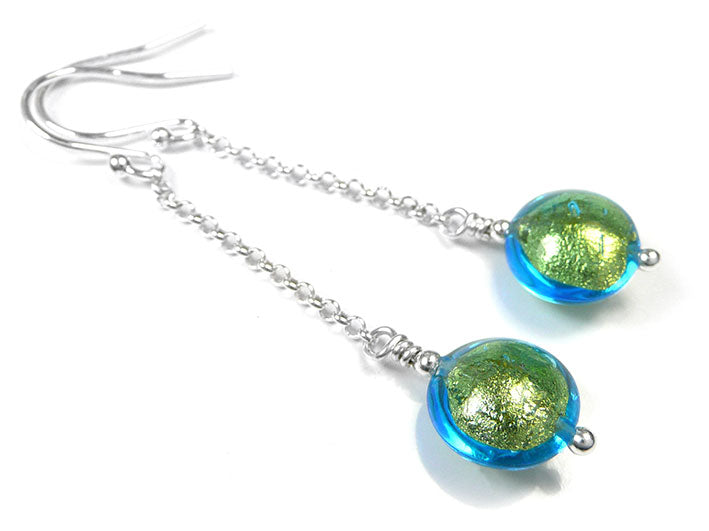 Murano Glass Lentil Drop Earrings - Aqua Verde