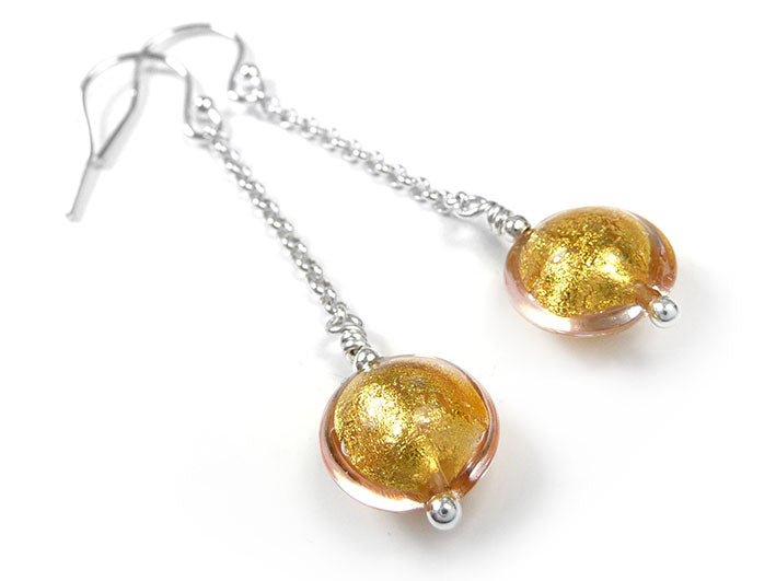 Murano Glass Lentil Drop Earrings - Pink Gold