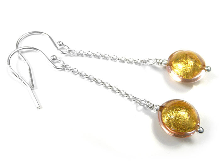 Murano Glass Lentil Drop Earrings - Pink Gold