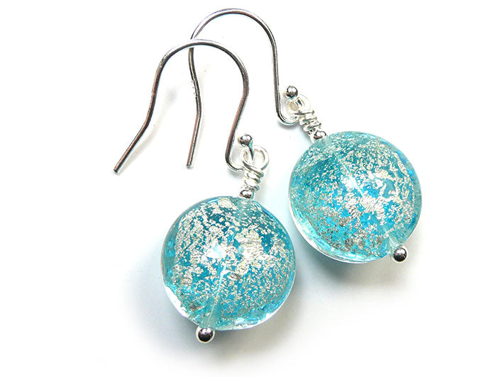 Murano Glass Lentil Earrings - Aqua and White Gold