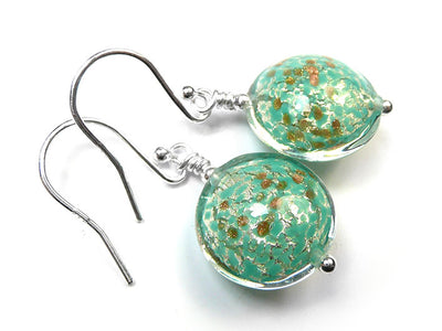 Murano Glass Lentil Earrings - Fern and White Gold