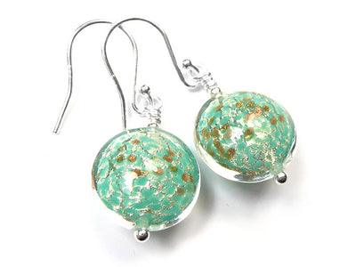 Murano Glass Lentil Earrings - Fern and White Gold