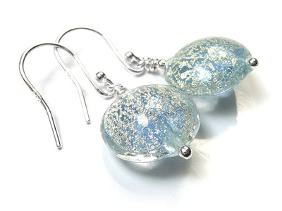Murano Glass Lentil Earrings - Ice Blue and White Gold