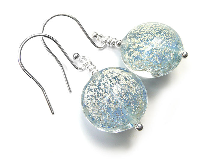 Murano Glass Lentil Earrings - Ice Blue and White Gold