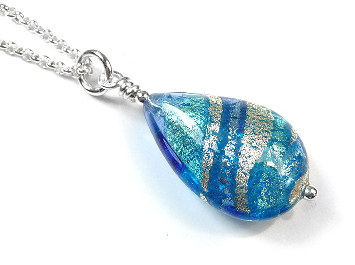Murano Glass Pendant - Aqua and Sapphire Swirl Drop