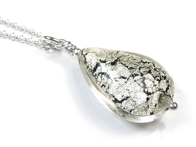 Murano Glass Pendant - Black and White Gold Drop