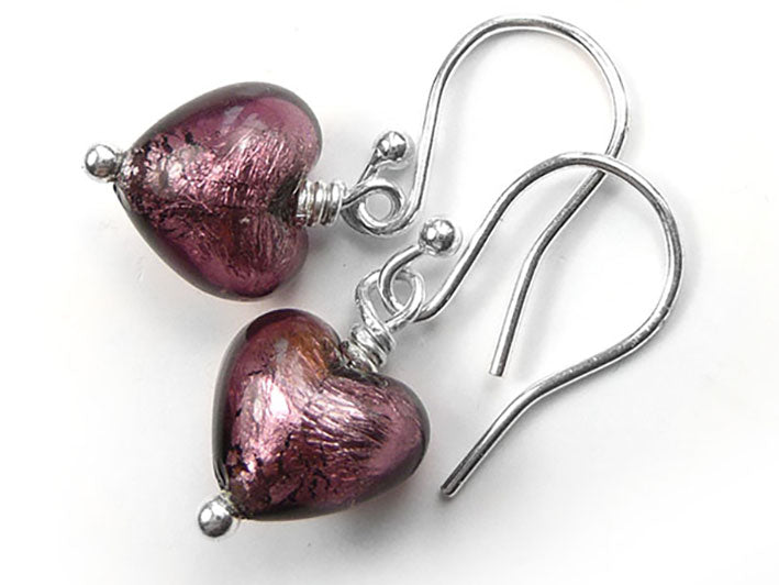 Murano Glass Tiny Heart Earrings - Amethyst