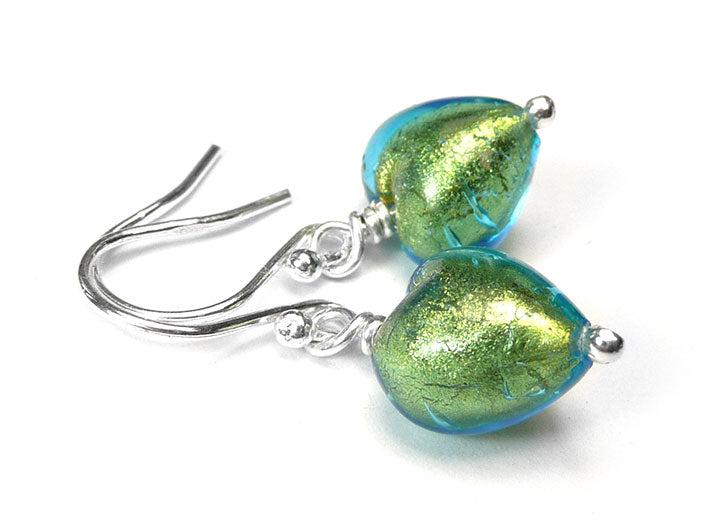 Murano Glass Tiny Heart Earrings - Aqua Verde