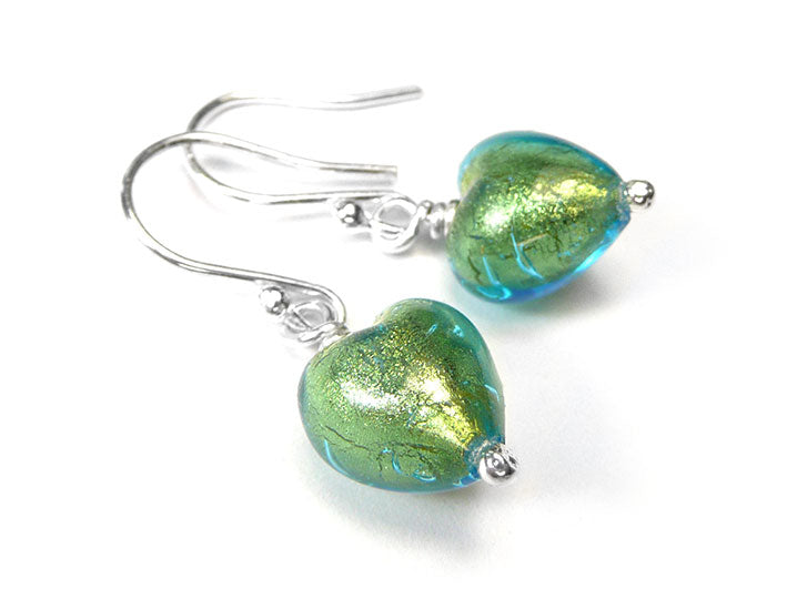 Murano Glass Tiny Heart Earrings - Aqua Verde