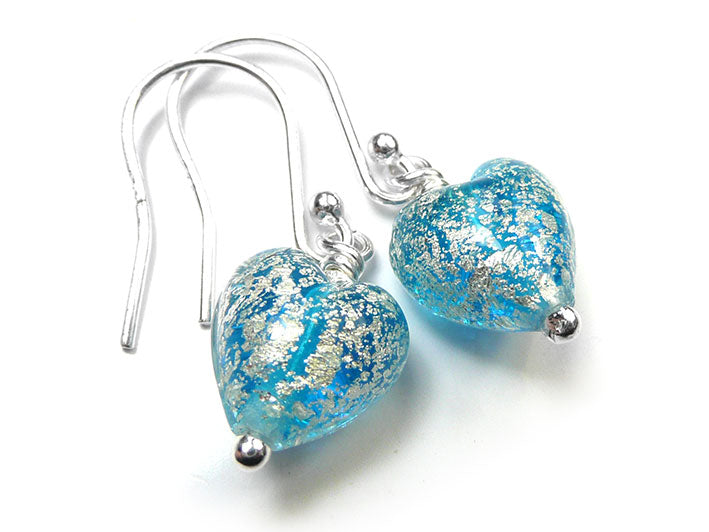 Murano Glass Tiny Heart Earrings - Aqua and White Gold