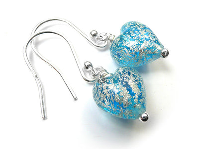 Murano Glass Tiny Heart Earrings - Aqua and White Gold
